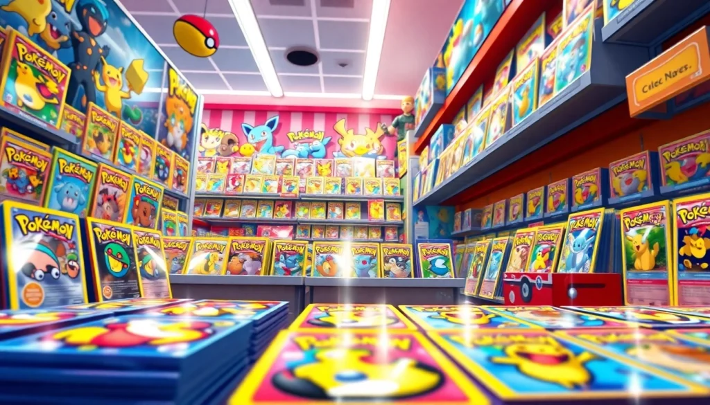 Discover colorful and vibrant Pokemon cards in India, featured in a playful retail display showcasing various collectible packs and figures.